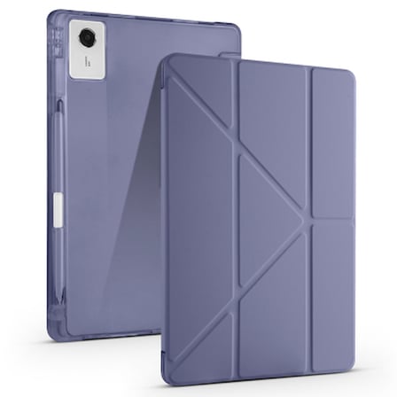 Lexroo Lenovo Idea Tab Plus 12.1 Tri Folding Kalem Bölmeli Standlı Silikon Kılıf - Mor