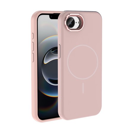 iPhone 16E Kılıf M-Safe Şarj Özellikli Metal Kamera Çerçeveli MKST Edi Silikon Kapak - Rose Gold