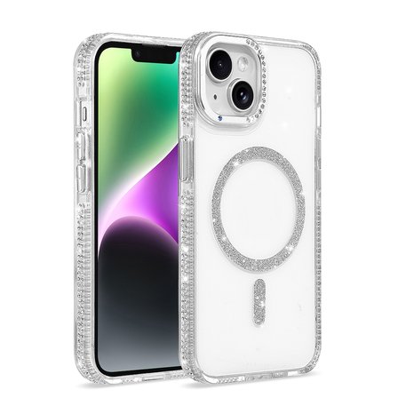 iPhone 13 Kılıf Premium Magsafe Şarj Özellikli Şeffaf Kenari Taşli Simli Tera Silikon Kapak