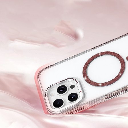 iPhone 14 Pro Max Kılıf Premium Magsafe Şarj Özellikli Şeffaf Kenari Taşli Simli Tera Silikon Kapak