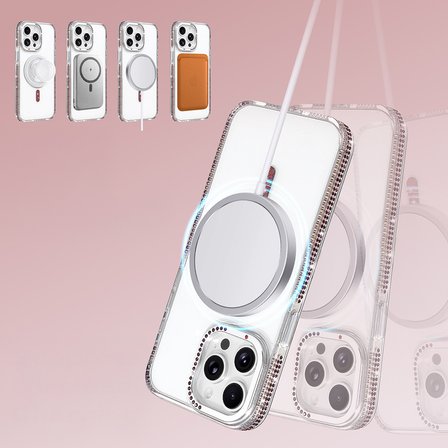 iPhone 14 Pro Max Kılıf Premium Magsafe Şarj Özellikli Şeffaf Kenari Taşli Simli Tera Silikon Kapak
