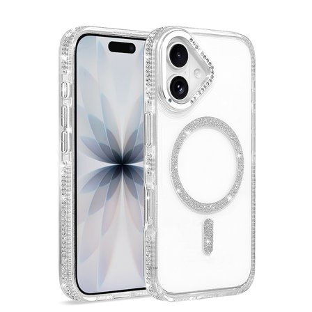 iPhone 17 Kılıf Premium Magsafe Şarj Özellikli Şeffaf Kenari Taşli Simli Tera Silikon Kapak