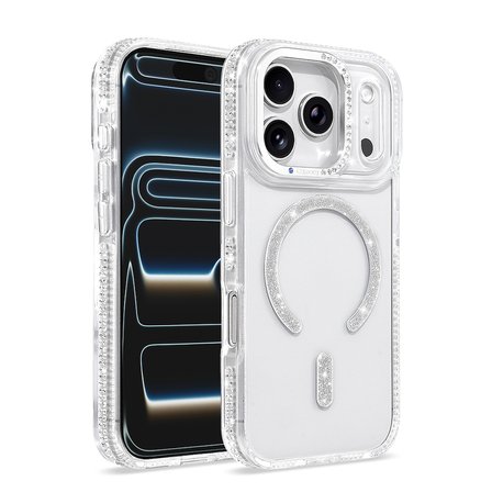 iPhone 17 Pro Kılıf Premium Magsafe Şarj Özellikli Şeffaf Kenari Taşli Simli Tera Silikon Kapak
