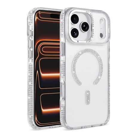 iPhone 17 Pro Max Kılıf Premium Magsafe Şarj Özellikli Şeffaf Kenari Taşli Simli Tera Silikon Kapak
