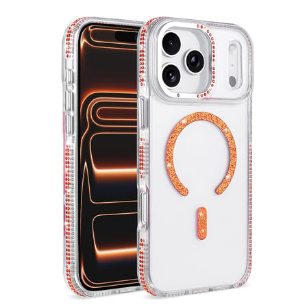 iPhone 17 Pro Max Kılıf Premium Magsafe Şarj Özellikli Şeffaf Kenari Taşli Simli Tera Silikon Kapak