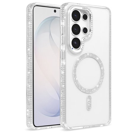 Samsung Galaxy S26 Ultra Kılıf Premium Magsafe Şarj Özellikli Şeffaf Kenari Taşli Simli Tera Silikon Kapak
