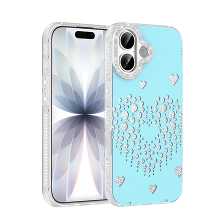iPhone 17 Uyumlu Kalpli Işıltılı Damla Taşlı Şeffaf Kenarlı Rivas Sert PC Koruyucu Telefon Kılıf