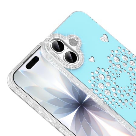 iPhone 17 Uyumlu Kalpli Işıltılı Damla Taşlı Şeffaf Kenarlı Rivas Sert PC Koruyucu Telefon Kılıf