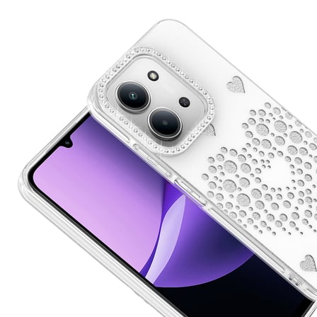 Xiaomi Redmi 15C Uyumlu Kalpli Işıltılı Damla Taşlı Şeffaf Kenarlı Rivas Sert PC Koruyucu Telefon Kılıf