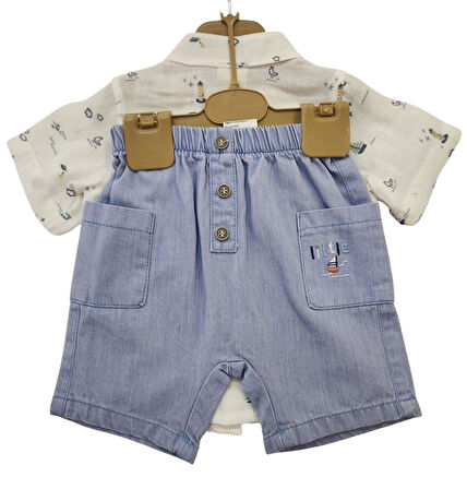 Babydoll 2li Takım Bombili Ekru-Mavi