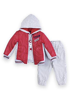 Erkek Bebek Kapşonlu Sweat Kolej Yaka Ceketli 3'lü Takım