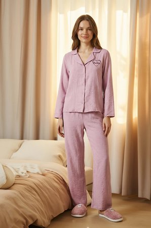 Laperissa Kadın Pijama Pembe Alt Üst Takım Slogan ve Kalpli Nakışlı