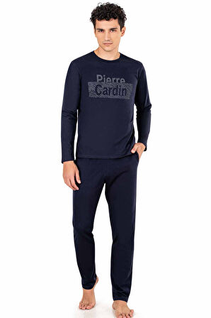 %100 Pamuk Uzun Kol Yuvarlak Yaka Pijama Takım, Yazı Baskılı Cepli Erkek Pijama Takım