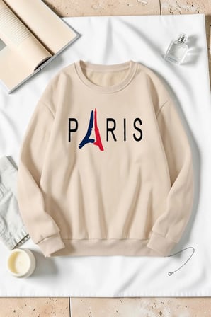 Unisex Paris Baskılı Bisiklet Yaka Sweatshirt
