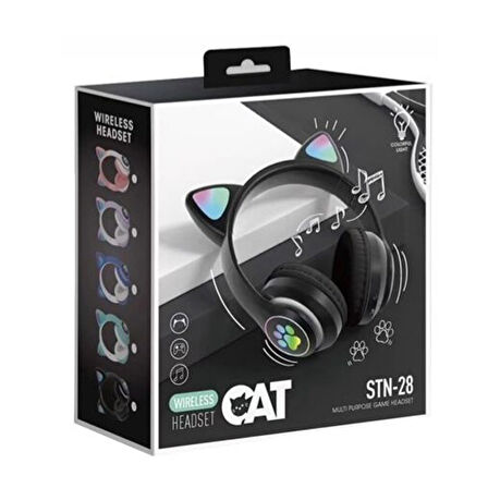 Cat Stn-28 Pro Sevimli Kedi Kulaklı LED Işıklı Katlanabilir Kablosuz Kulaküstü Bluetooth Kulaklık (Siyah)
