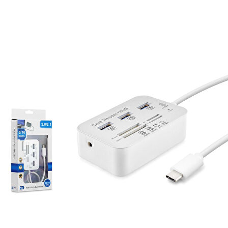 Hadron HDX7029 Type-C 3.1 - 3xUSB 3.0 Hub + MS/SD/M2/TF Kart Okuyuculu Type Çoklayıcı Dönüştürücü - Beyaz