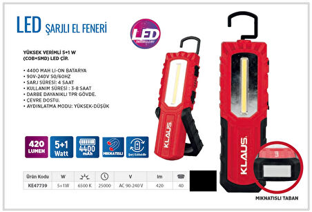 Klaus Şarjlı Led El Feneri 420 Lumen 4400 MAH 5+1 Watt