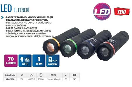 KLAUS LED EL FENERİ 1W 70 LUMEN 3A PİL KE47700