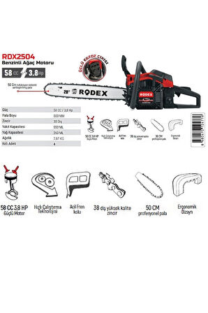 Rodex Rdx2504 Benzinli Hızar Ağaç Kesme Motoru 50 cm 38 Diş