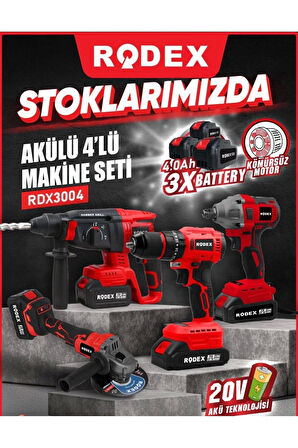 Rodex 4'lü Makine Seti 20V 3x4.0Ah Li-Ion D.Matkap 45Nm D.Somun Sıkma 300Nm Kırıcı Delici 2.5J Avuç Taşlama 125Mm AksesuarlI BMC