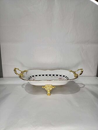 Canba Oval Damalı Pembe Güllü Servis 37x21x12 cm