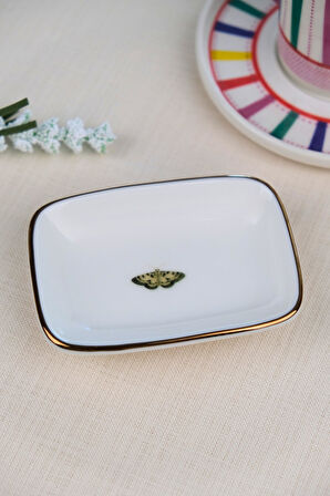 Tabak Evi Kelebek Altın Yaldızlı Dikdörtgen Kayık Tabak 10x7x2cm Tekli