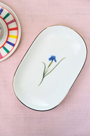 Tabak Evi Porselen Natura İris Altın Yaldızlı Oval Kayık Tabak 18x11x2,50cm Tekli