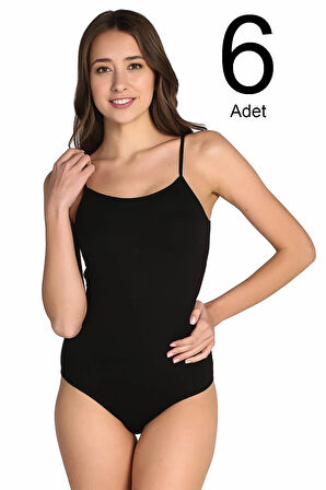 Kadın Siyah 6'Lı Paket İp Askılı Likralı Kancalı Çıtçıtlı Body