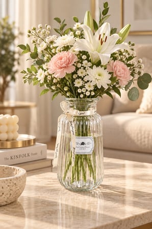 Porsima 04286 Çizgili Cam Vazo – 1300 ml Kurdele Detaylı Şeffaf Vazosu (22 cm)   