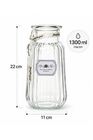 Porsima 04286 Çizgili Cam Vazo – 1300 ml Kurdele Detaylı Şeffaf Vazosu (22 cm)   