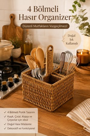 Porsima DHZ07349 Dekoratif Doğal Hasır 4 Bölmeli Banyo Mutfak Organizeri Düzenleyici 15x15x11,5 cm