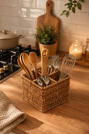 Porsima DHZ07349 Dekoratif Doğal Hasır 4 Bölmeli Banyo Mutfak Organizeri Düzenleyici 15x15x11,5 cm