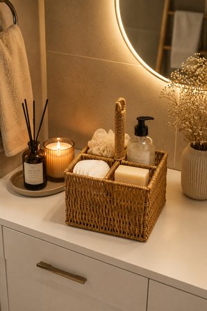 Porsima DHZ07349 Dekoratif Doğal Hasır 4 Bölmeli Banyo Mutfak Organizeri Düzenleyici 15x15x11,5 cm