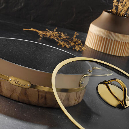 Selection Plus 28 Cm Yanmaz Yapışmaz Krem Mermer Granit Basık Tencere