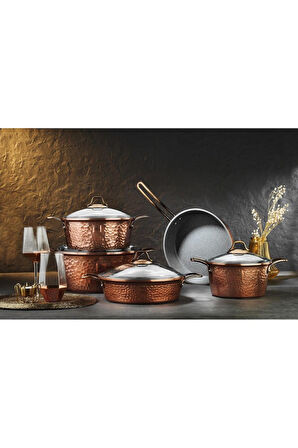 Brioni Copper 9 Parça Yanmaz Yapışmaz Bakır Görünümlü Granit Tencere Seti