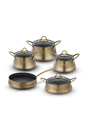 Elegance 9 Parça Yanmaz Yapışmaz Granit Tencere Seti Altın