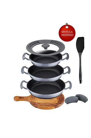 Try Cook 7 Parça Gri Yanmaz Yapışmaz Diamond Kaplama Sahanlık Tava Seti