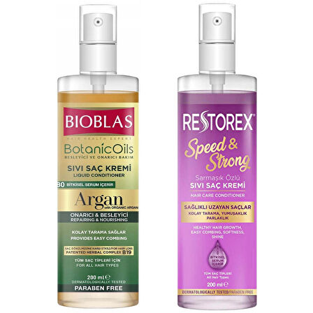 Bioblas Argan Yağlı Sıvı Saç Kremi 200 ml + Restorex Sağlıklı Uzama Etkili Sıvı Saç Kremi 200 ml