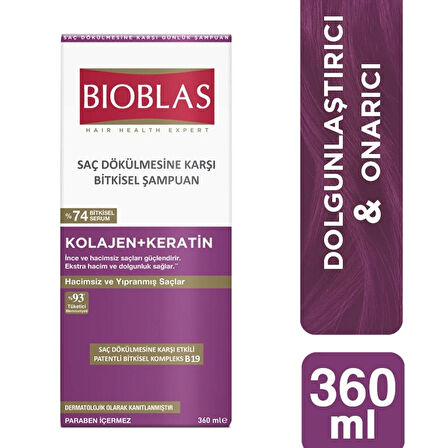 Bioblas Kolajen + Keratin Saç Dökülmesine Karşı Hacim Şampuanı 360 ml 2 ADET