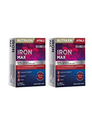 Nutraxin Iron Max (Demir, Vitamin C, B6, B12, Folik Asit) Takviye Edici Gıda 30 Tablet * 2 Adet