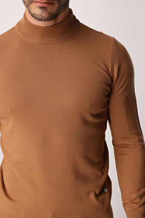 Açık Kahve Standart Fit Dar Kalıp Yarım Balıkçı Düz Uzun Kollu  Triko