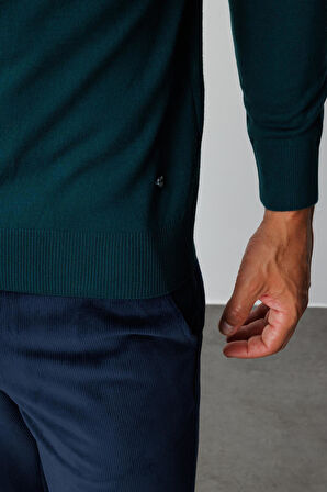 Petrol Standart Fit Dar Kalıp Yarım Balıkçı Düz Uzun Kollu  Triko