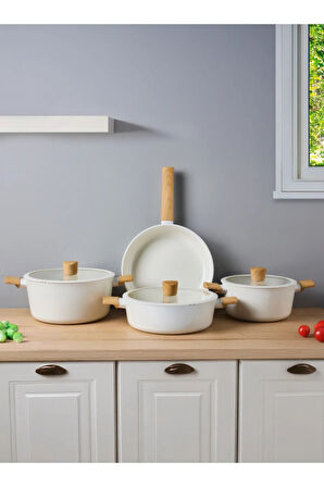 Danish Cook Beige İndüksiyon Tabanlı 7 Parça Tencere Seti Ahşap Saplı 1302