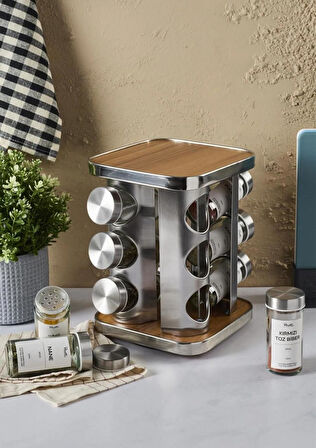 Casa Wood Baharatlık Takımı - Döner Stantlı, Kare
