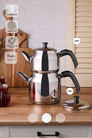 Perotti Tahtakale Soft İndüksiyon Tabanlı Midi Çelik Çaydanlık Takımı 90133