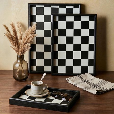 Porsima 1301050047 Ahşap Tepsi 3lü Set Çay Kahve Bambu Sunumu Dama Desenli Tepsi Seti