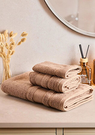 Towy Beige 100% Pamuk 3'lü Banyo Havlusu Seti