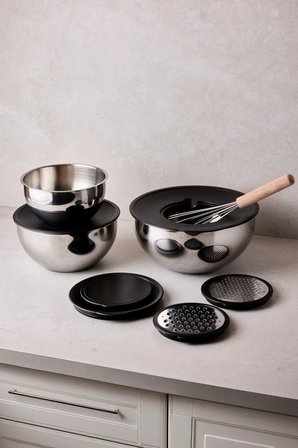 Perotti MixMate 9 Parça Rendeli Paslanmaz Çelik Karıştırma ve Saklama Kabı Seti (16-20-24 cm)