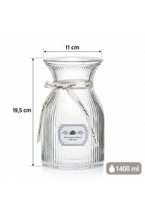 Porsima 04288 Dikey Çizgili Cam Vazo – 1400 ml Kurdele Detaylı Şeffaf Vazosu (19.5 cm)   