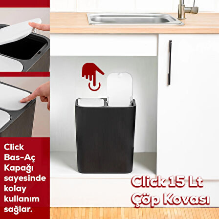 Perotti 13255 Click Kapak Siyah-Beyaz İki Bölmeli Modern Çöp Kovası 15LT